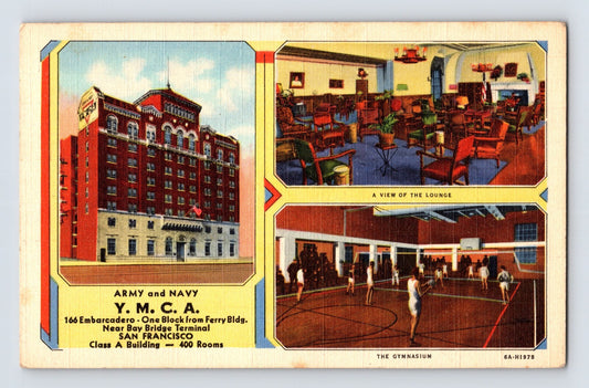 San Francisco California Army Navy YMCA building lounge gymnasium 1940s postcard linen