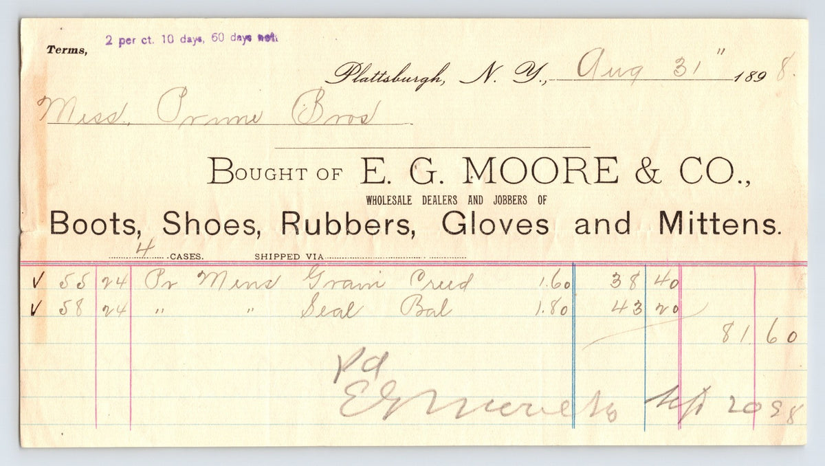 1898 Plattsburgh New York E G Moore and Company billhead for boots shoes rubbers gloves and mittens with handwritten ledger entries