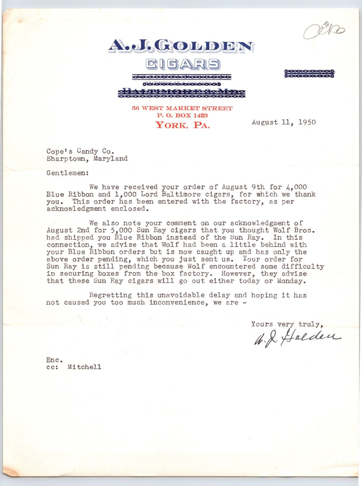 AJ Golden Cigars York Pennsylvania 1950 business letterhead tobacco correspondence