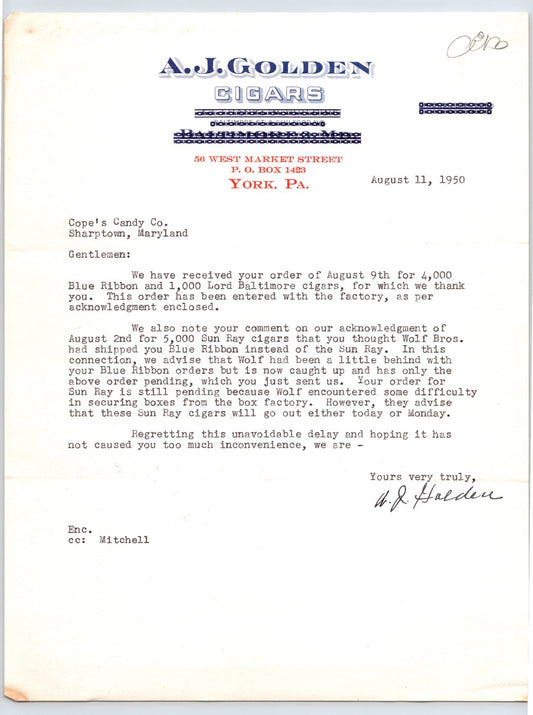 AJ Golden Cigars York Pennsylvania 1950 business letterhead tobacco correspondence