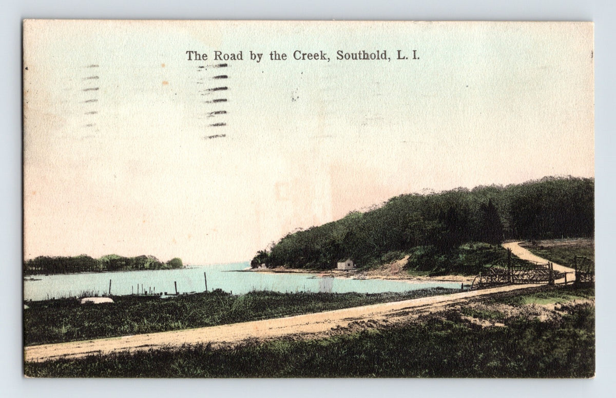 Southold Long Island New York Road by the Creek 1907 postcard showing dirt road over small bridge beside tidal inlet
