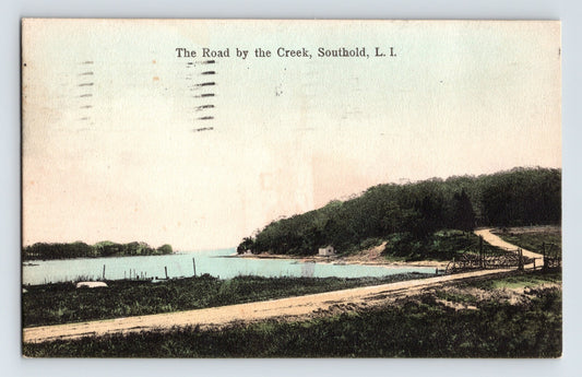 Southold Long Island New York Road by the Creek 1907 postcard showing dirt road over small bridge beside tidal inlet