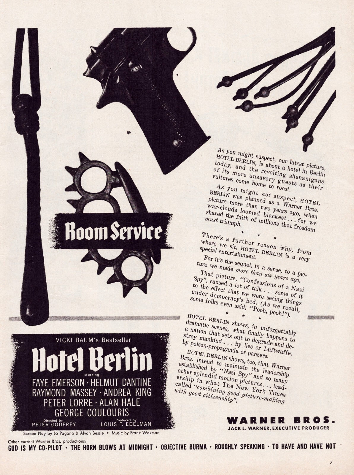 Hotel Berlin 1945 film print advertisement featuring stark black and white imagery with weapon motifs room service graphic and Warner Bros cast credits