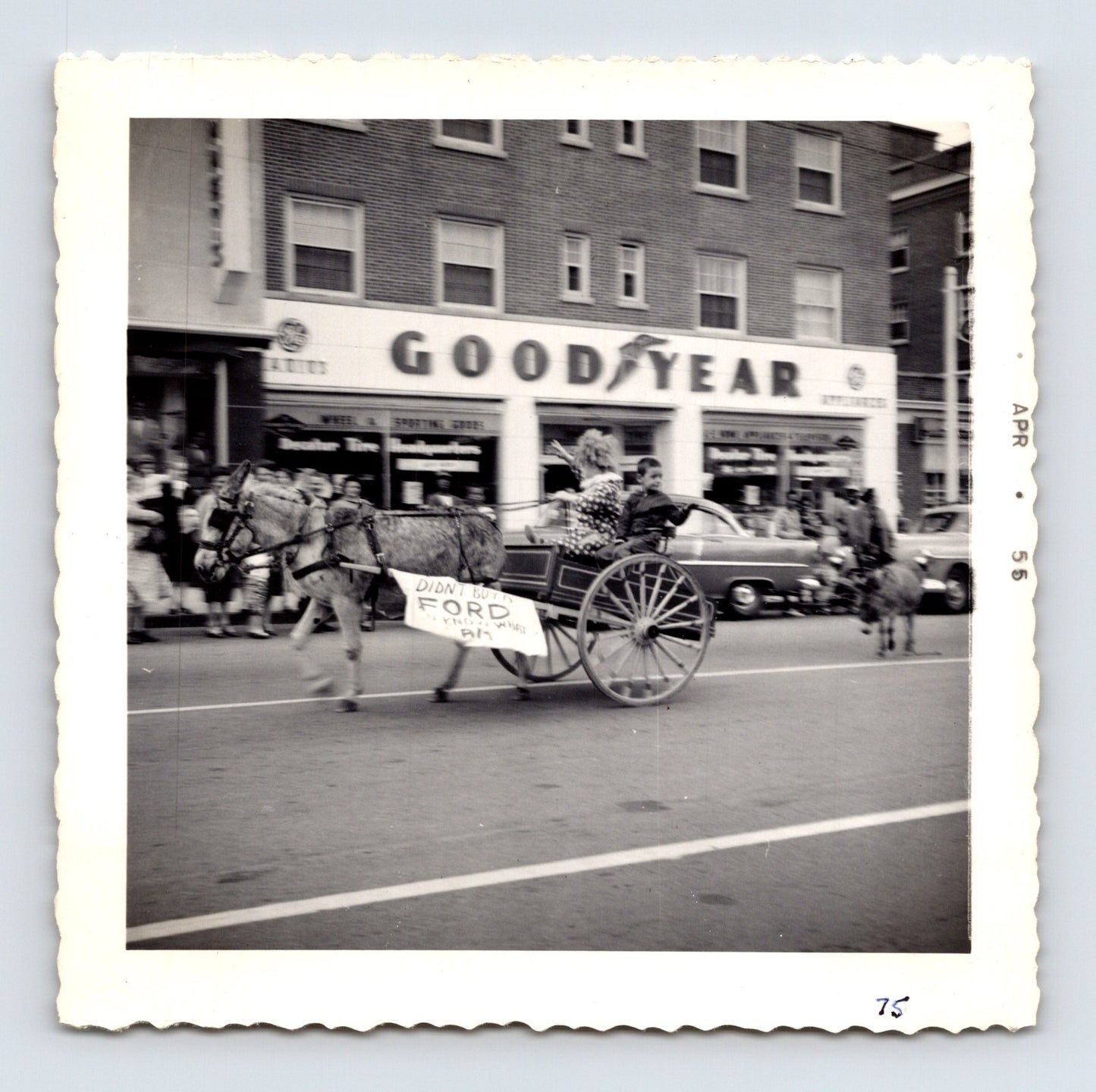 1955 Cole Bros Circus donkey cart clown parade snapshot photograph showing circus performers riding through downtown Decatur GA streets
