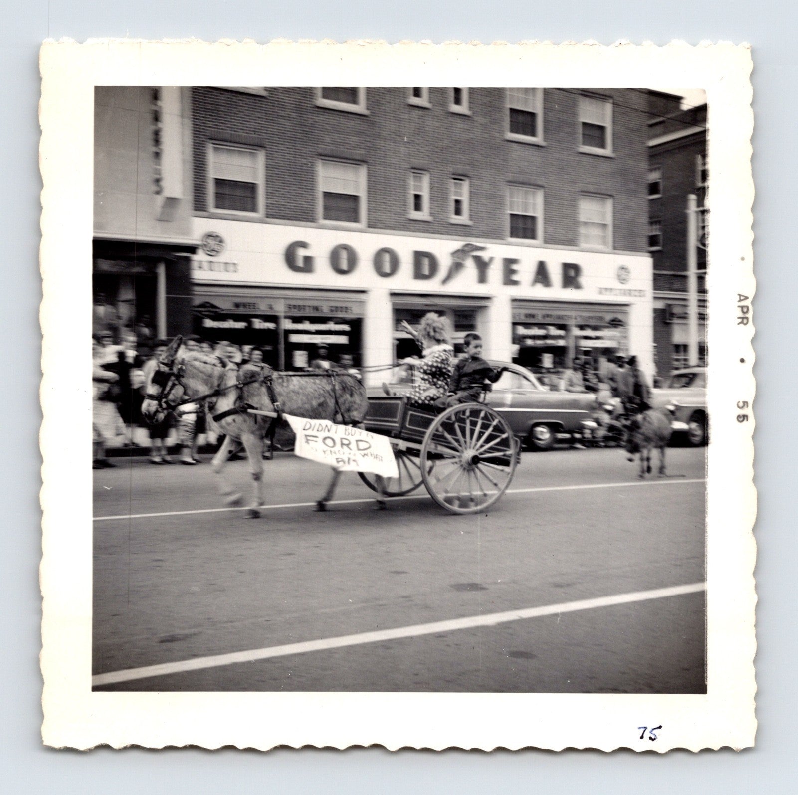 1955 Cole Bros Circus donkey cart clown parade snapshot photograph showing circus performers riding through downtown Decatur GA streets
