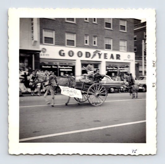 1955 Cole Bros Circus donkey cart clown parade snapshot photograph showing circus performers riding through downtown Decatur GA streets