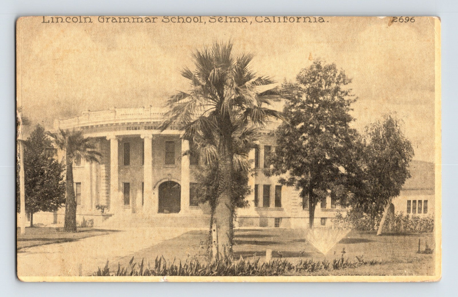 Selma California Lincoln Grammar School palm trees school building 1910s postcard