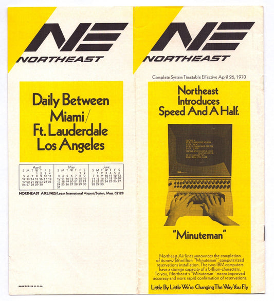 Two vintage Northeast Airlines posters with flight information and 'Minuteman' computer graphic.