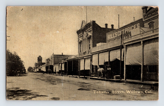 Tehama Street downtown Willows California storefronts with awnings Boll’s sign horse 1909 postcard