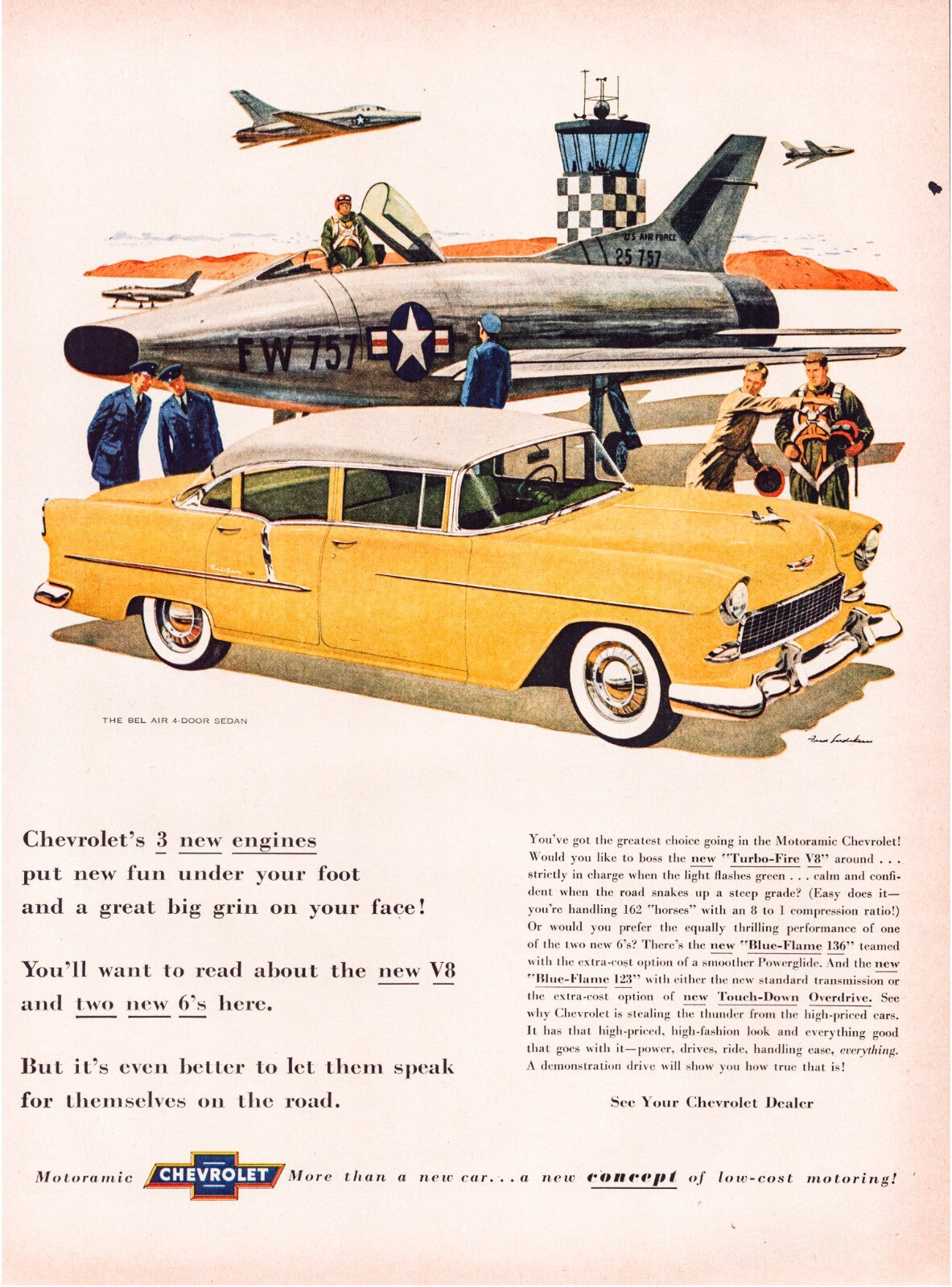 1954 Chevrolet Bel Air sedan with US Air Force jet fighter aircraft aviation themed print advertisement