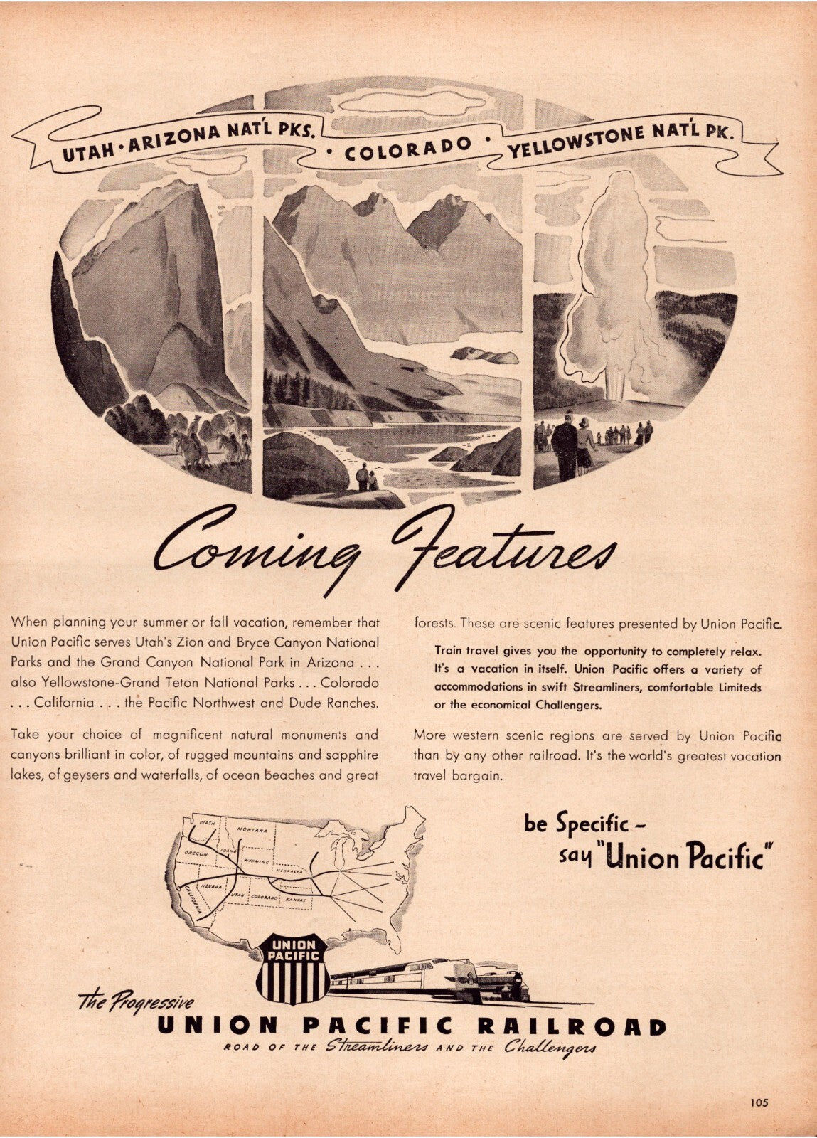 Union Pacific Railroad 1946 Train Print Ad 10.5 x 13.5