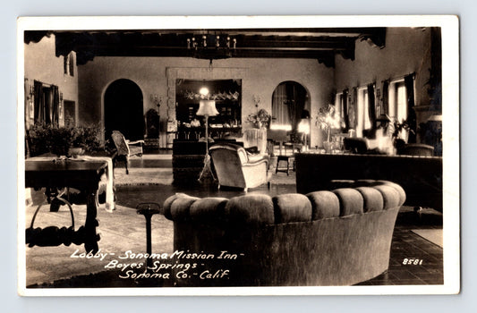 Sonoma Mission Inn lobby interior Boyes Hot Springs California 1940s real photo postcard