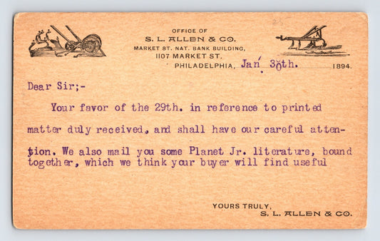 S L Allen Company Philadelphia 1894 letterhead postcard Planet Jr farming tools