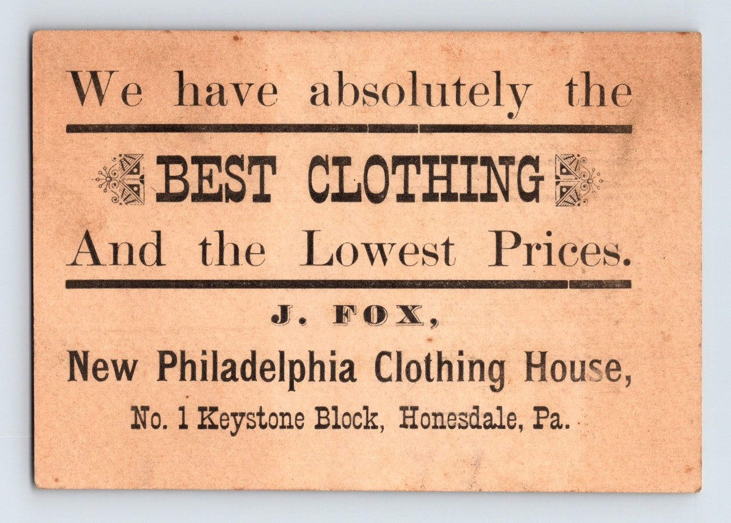 Honesdale PA Rabbit Girl Philadelphia Clothing House 1890s Trade Card 4.5 x 3
