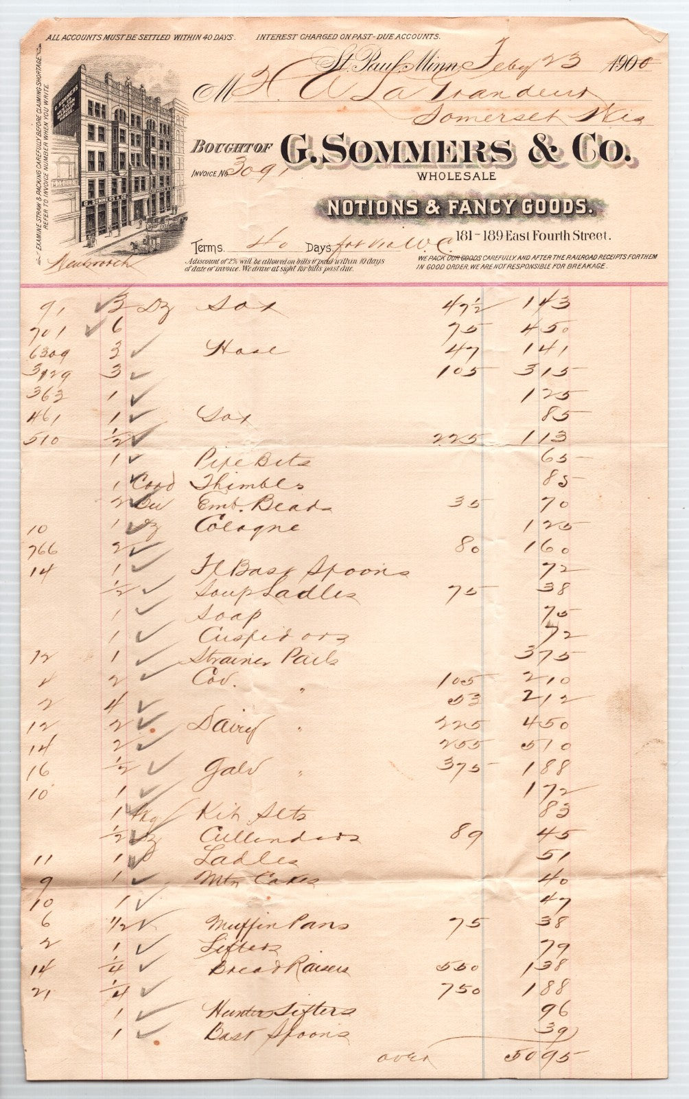 1900s St Paul Minnesota G Sommers and Co billhead invoice with illustrated building letterhead and detailed handwritten item ledger entries