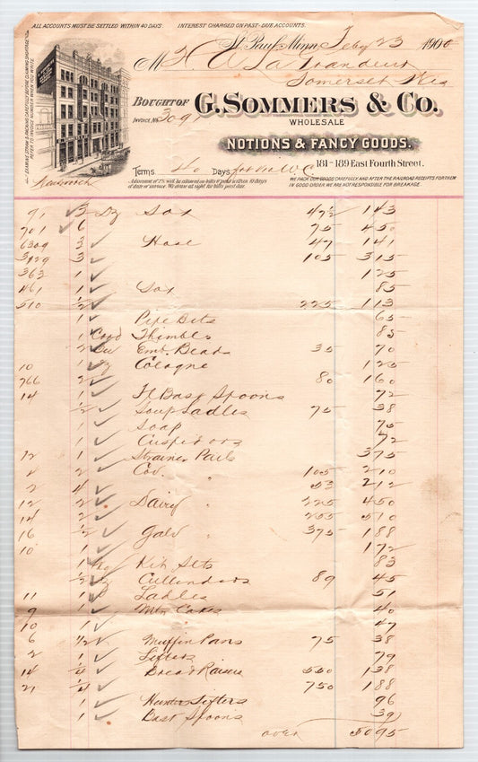 1900s St Paul Minnesota G Sommers and Co billhead invoice with illustrated building letterhead and detailed handwritten item ledger entries