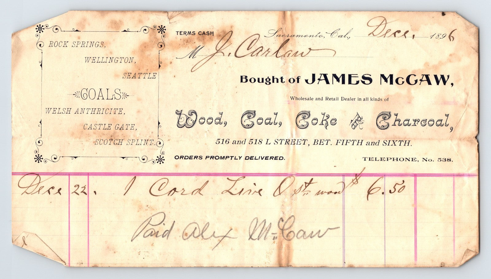 Sacramento California James McCaw coal charcoal billhead 1896 handwritten receipt antique paper