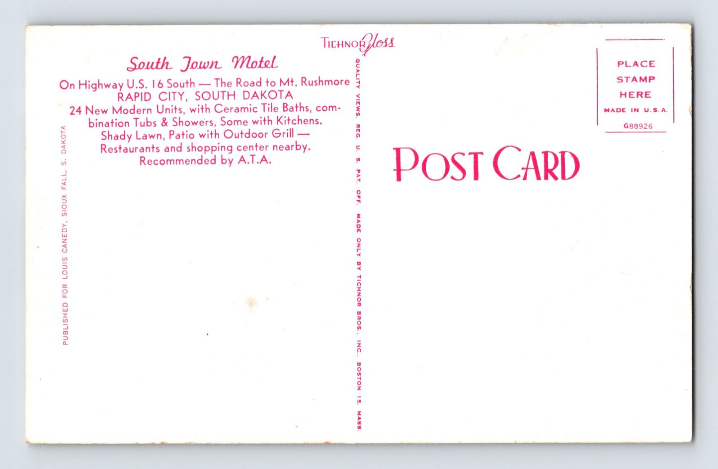 Rapid City South Dakota South Town Motel 1950s Postcard Unposted Chrome