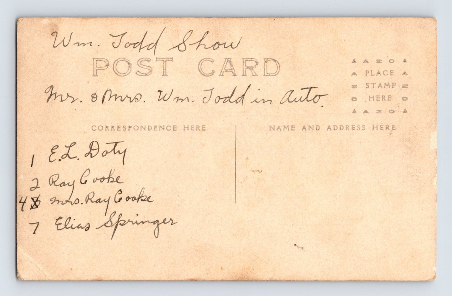 William Todd Show Circus Railroad Train Car Wanderlust 1910s Postcard RPPC AZO