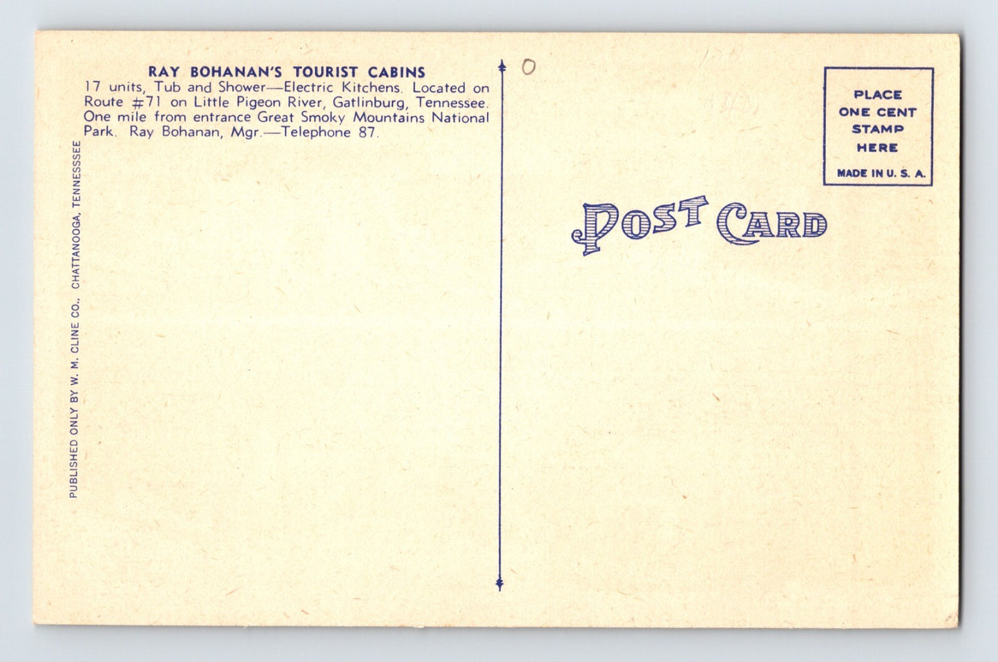 Gatlinburg Tennessee Bohanan Tourist Cabins 1940s Postcard Unposted Linen
