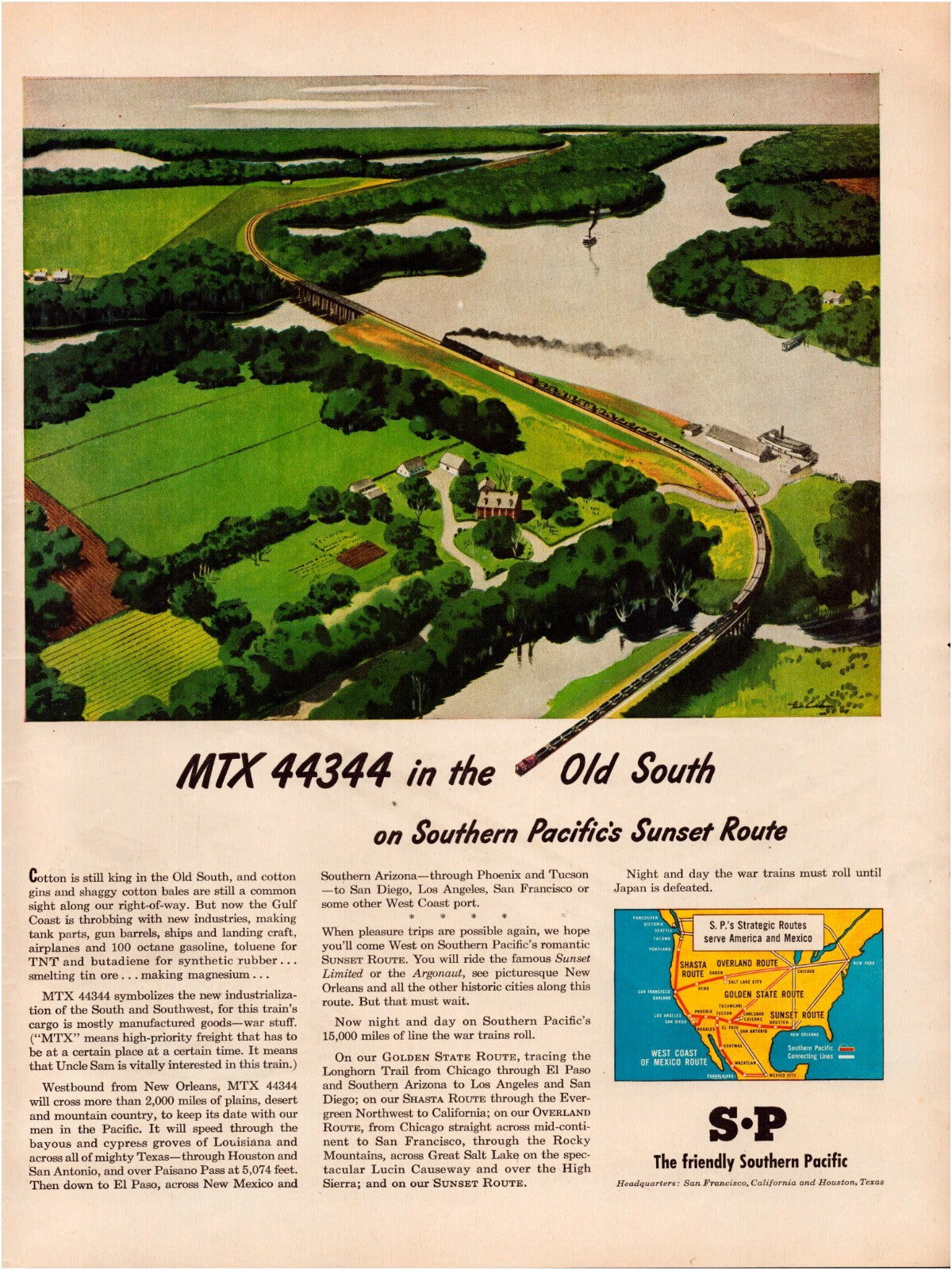 Southern Pacific Railroad 1945 Sunset Route Print Ad Full Page 10.5 x 13.5