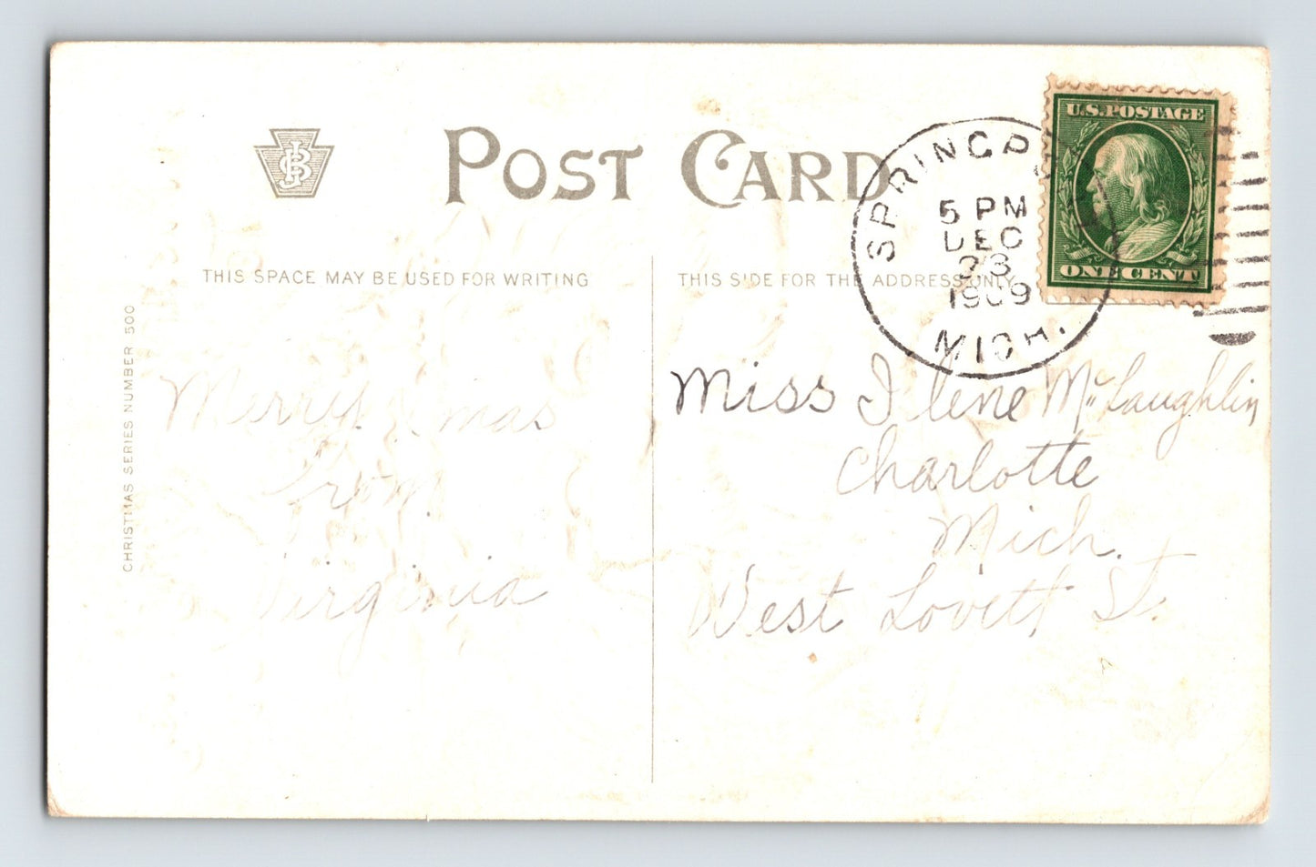Santa Claus Feather Quill Holly Crown 1908 Christmas Postcard