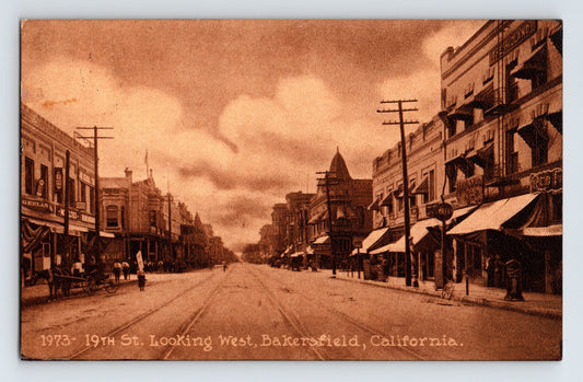 Bakersfield California 19th Street downtown storefronts awnings early street scene postcard