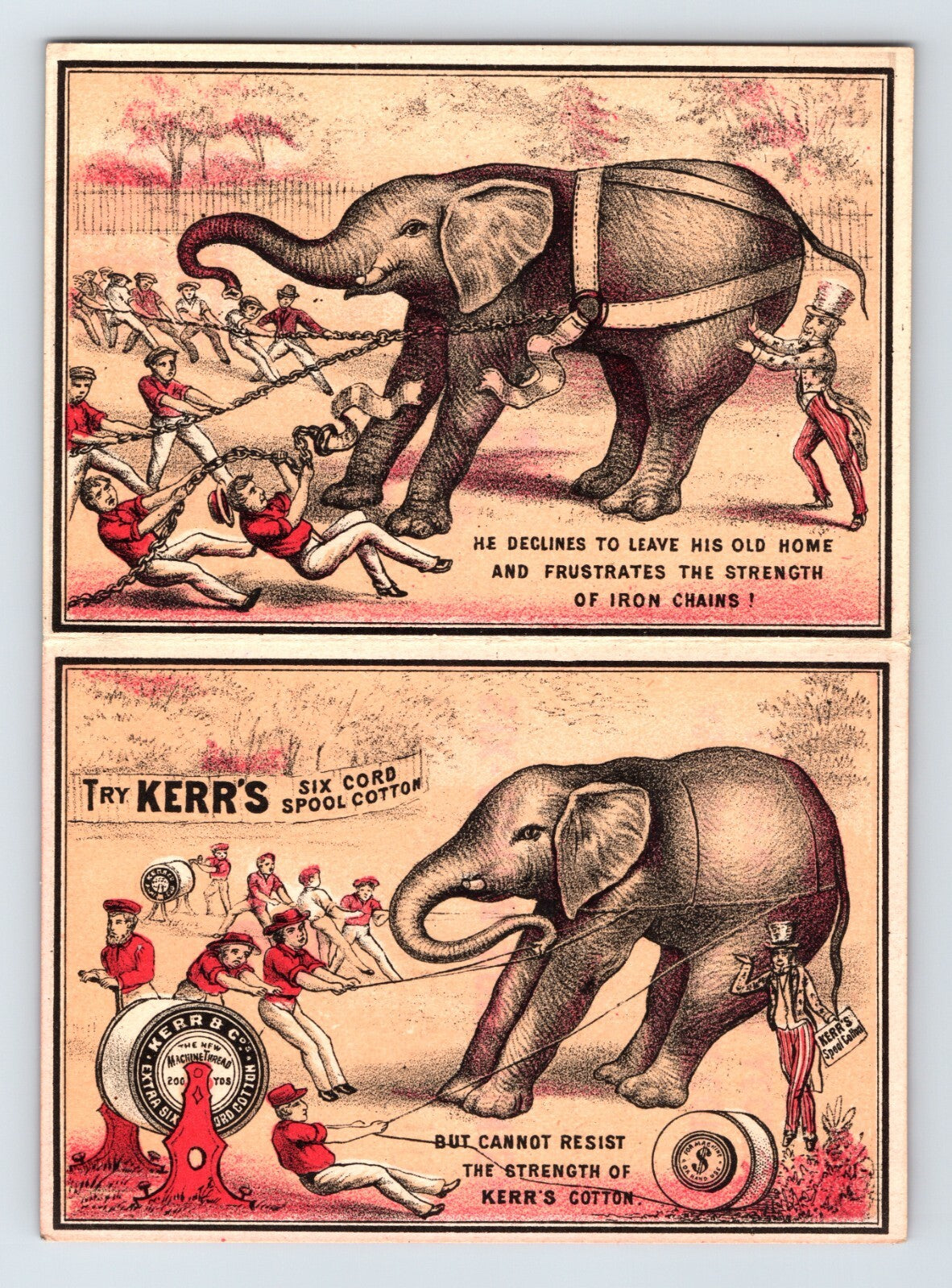 Kerrs spool cotton trade card elephant strength illustration folding 1890s