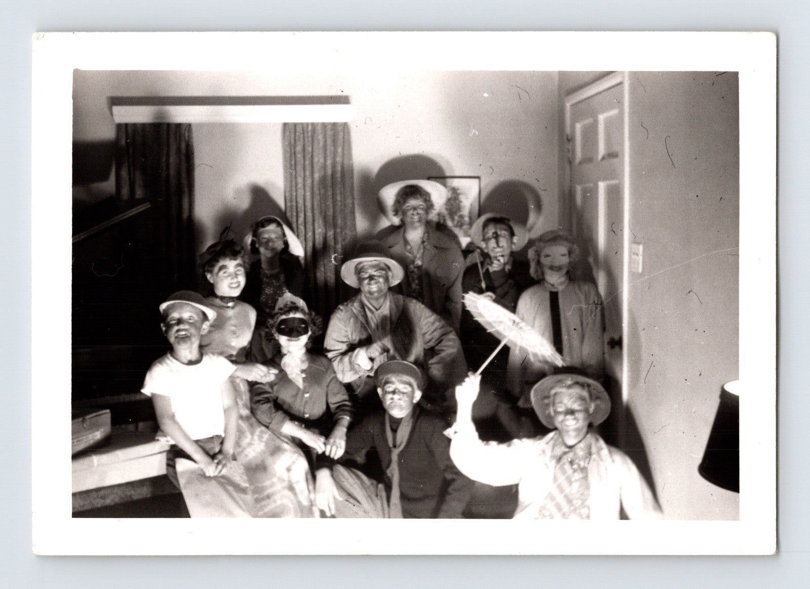 Halloween costume group children masks hats party indoor 1940s photo snapshot