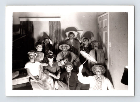 Halloween costume group children masks hats party indoor 1940s photo snapshot