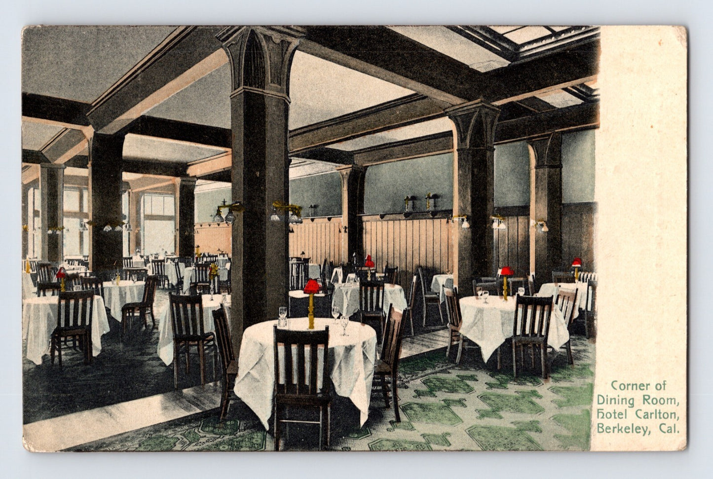 Color postcard showing corner of dining room at Hotel Carlton, Berkeley California, 1920s divided back unposted