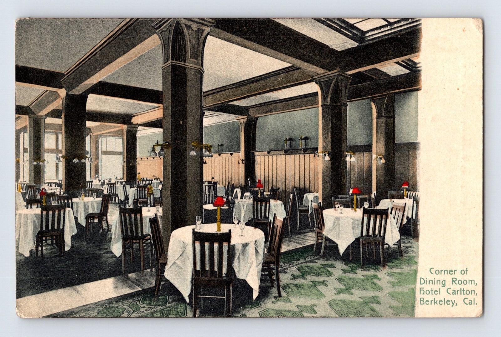 Color postcard showing corner of dining room at Hotel Carlton, Berkeley California, 1920s divided back unposted
