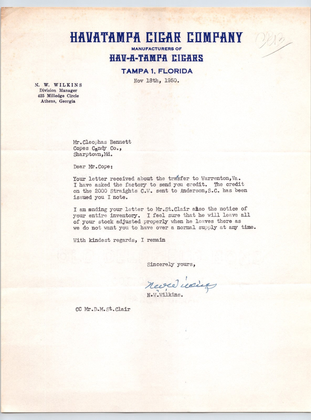 1950 Havatampa Cigar Company business letterhead from Tampa, Florida, featuring blue tobacco company typography and typed corporate correspondence on full-size stationery.