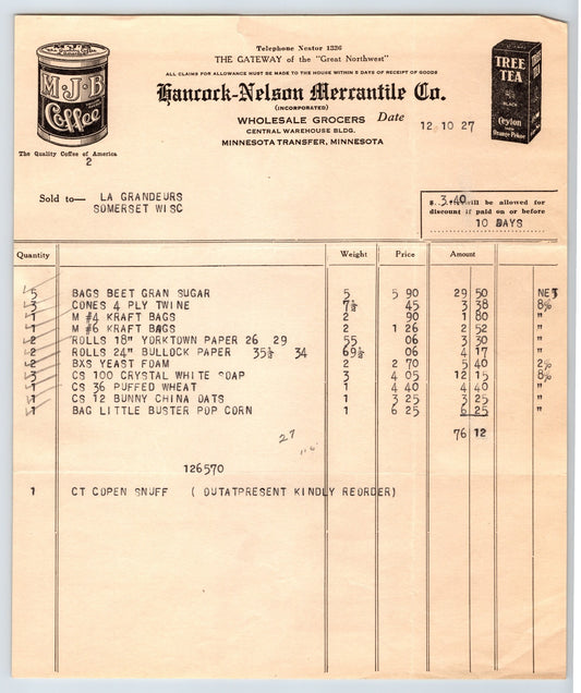 Minneapolis Minnesota 1927 Hancock Nelson Mercantile Billhead 8 x 9