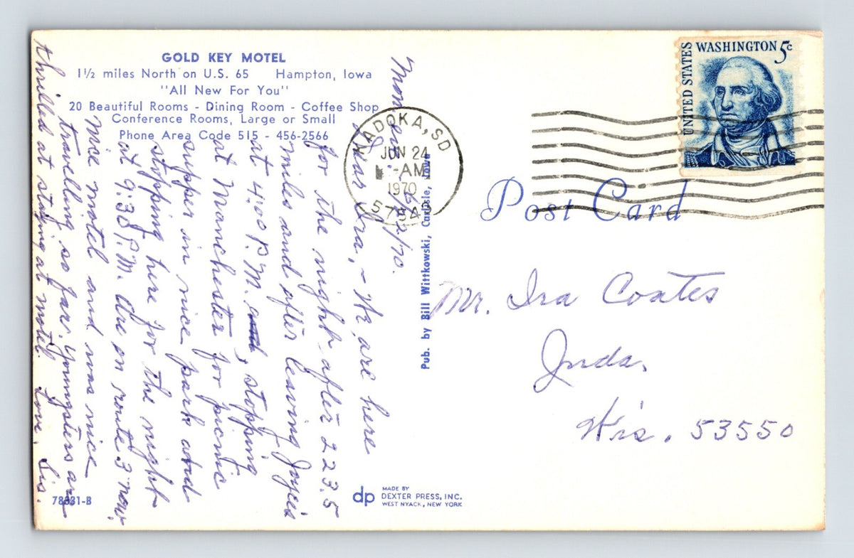 Hampton Iowa Gold Key Motel 1970 Postcard Posted Chrome
