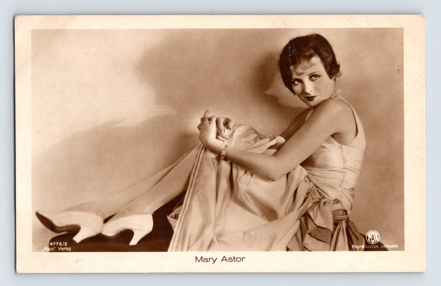 Mary Astor 1930s studio portrait seated pose Ross Verlag RPPC postcard