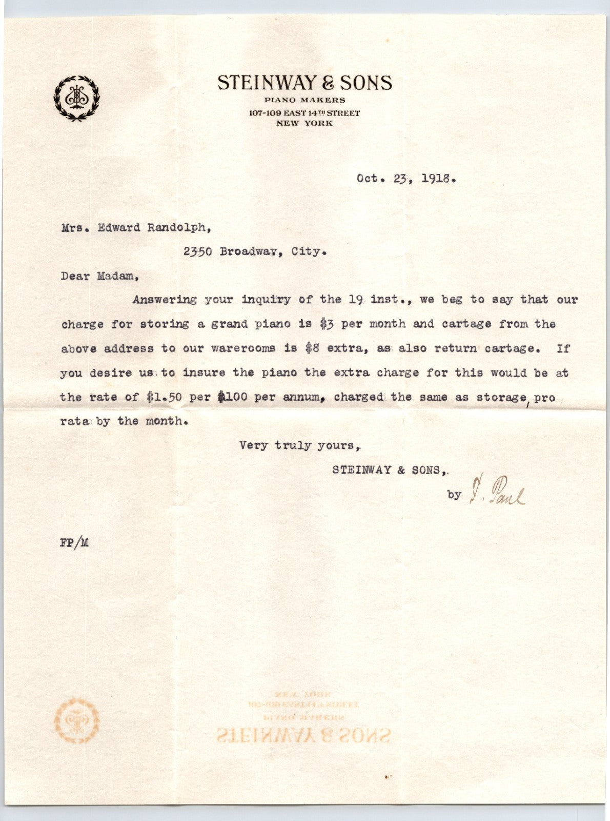 Steinway and Sons piano makers New York City 1918 letterhead regarding grand piano storage rates