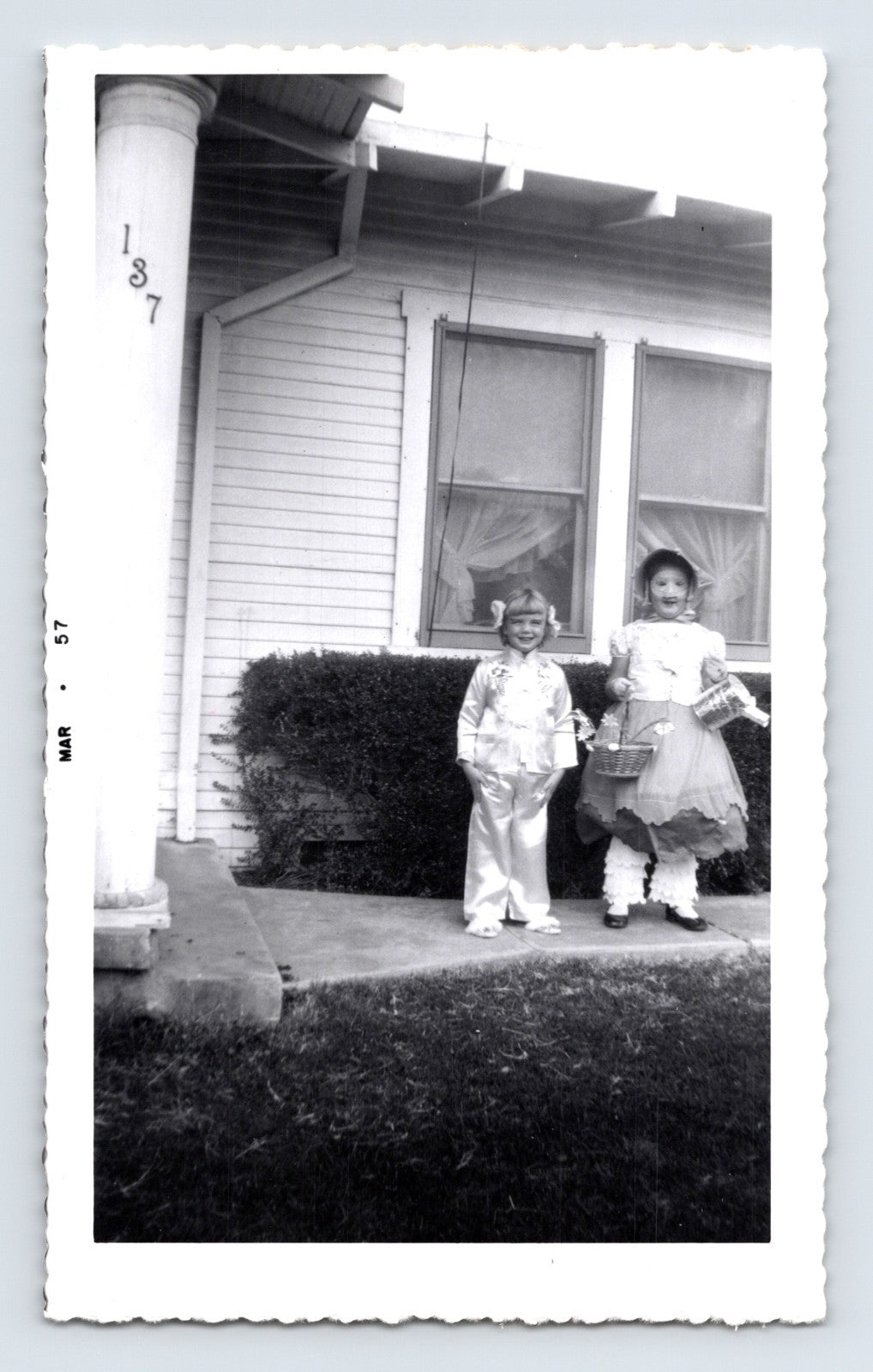Children Halloween costumes porch baskets 1957 snapshot photo