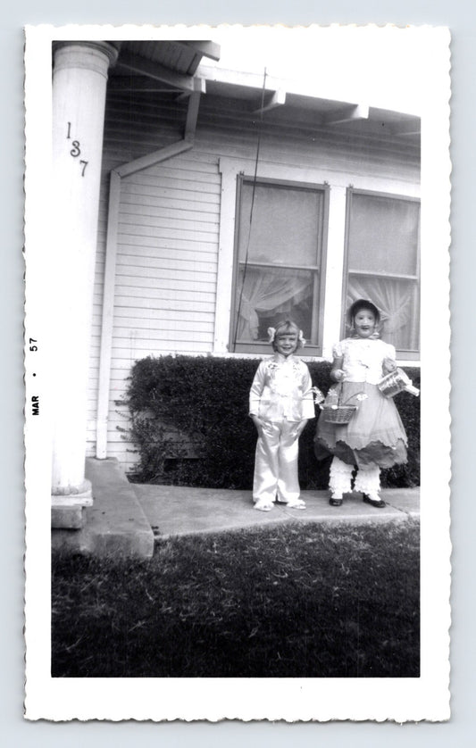 Children Halloween costumes porch baskets 1957 snapshot photo