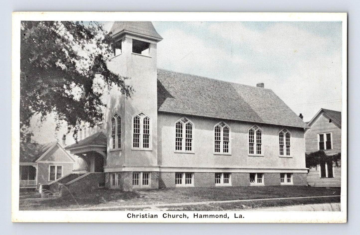 Hammond Louisiana Christian Church early twentieth century church building postcard with tower and arched windows divided back