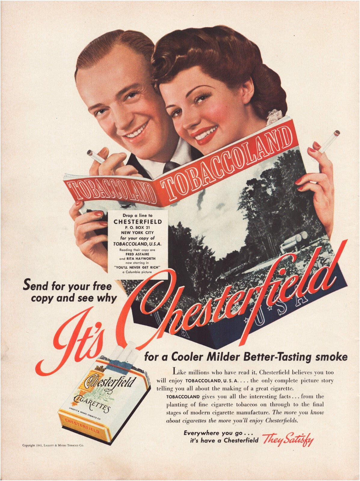 Chesterfield Cigarettes 1941 Astaire Hayworth Print Ad 10.5 x 13.5