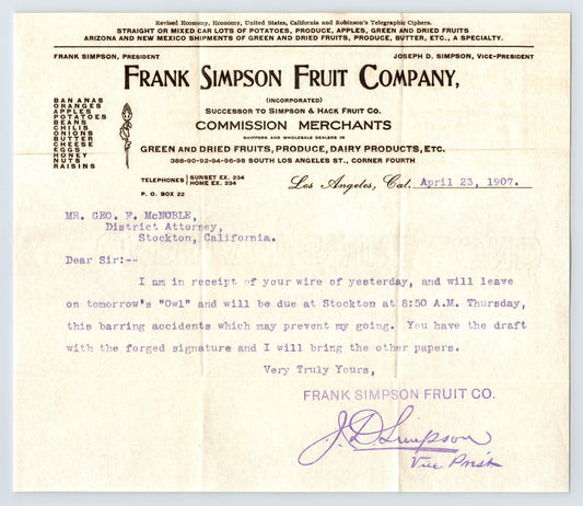 Los Angeles California Frank Simpson Fruit Company 1907 billhead letter commission merchants produce document