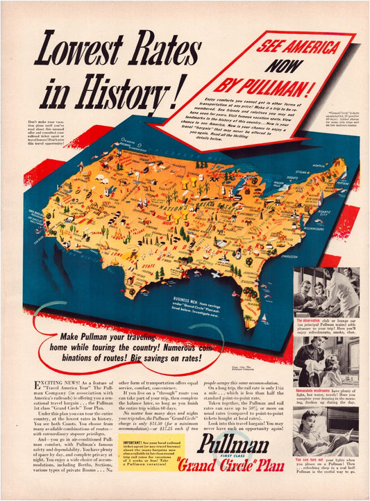 Pullman railroad 1940 USA map travel rates advertisement train car service print ad
