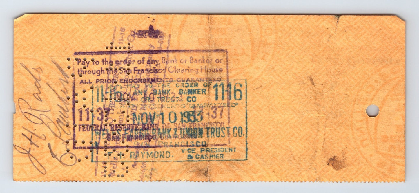 Cloverdale California 1933 Bank of America Money Order Check 2.75 x 6.25