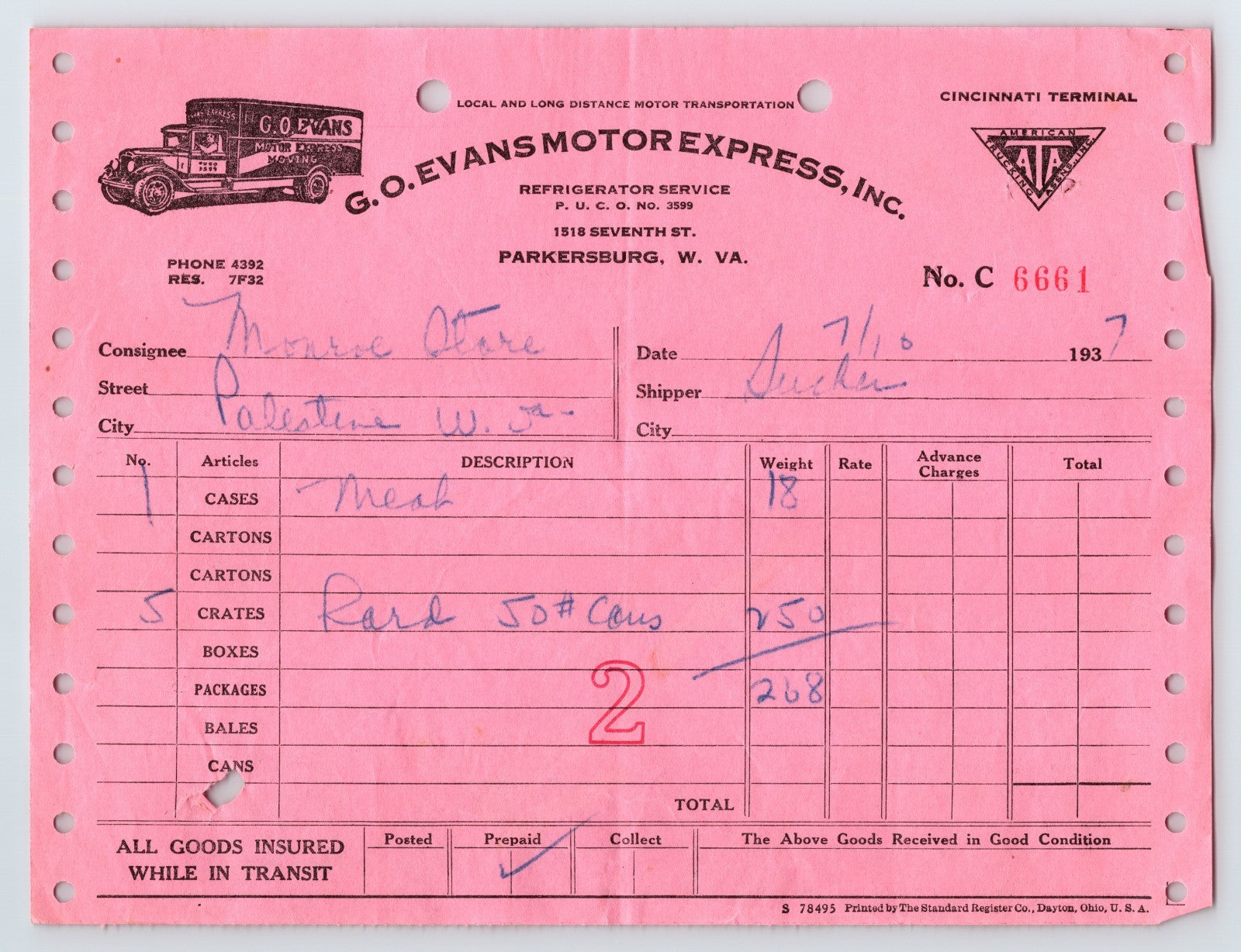 Parkersburg West Virginia Evans Motor Express 1937 freight bill document with truck illustration pink paper multi hole punched transport form