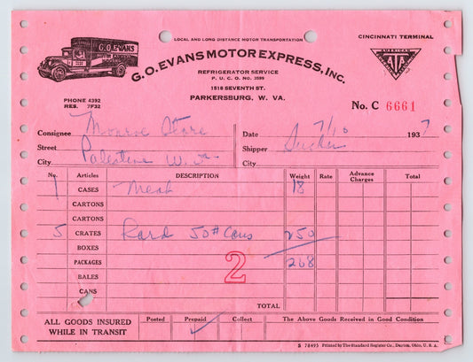 Parkersburg West Virginia Evans Motor Express 1937 freight bill document with truck illustration pink paper multi hole punched transport form