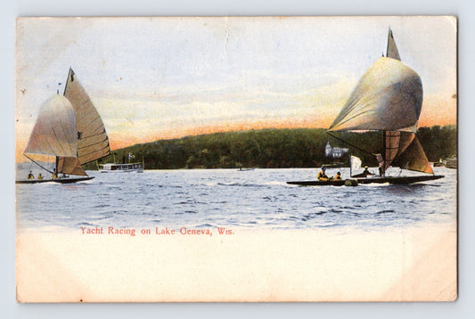 Lake Geneva Wisconsin yacht racing sailboats on open water early 1900s postcard