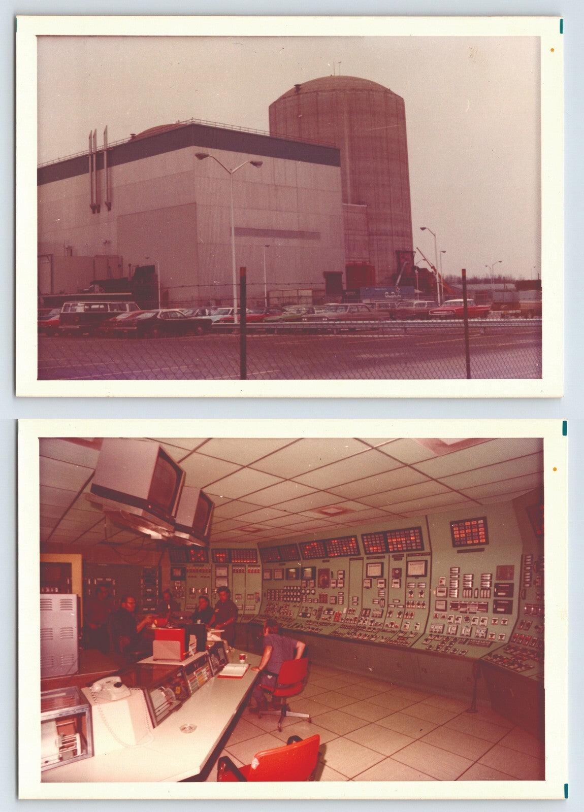 Pair of 1970s photographs showing Prairie Island Nuclear Plant exterior and interior control room near Red Wing Minnesota