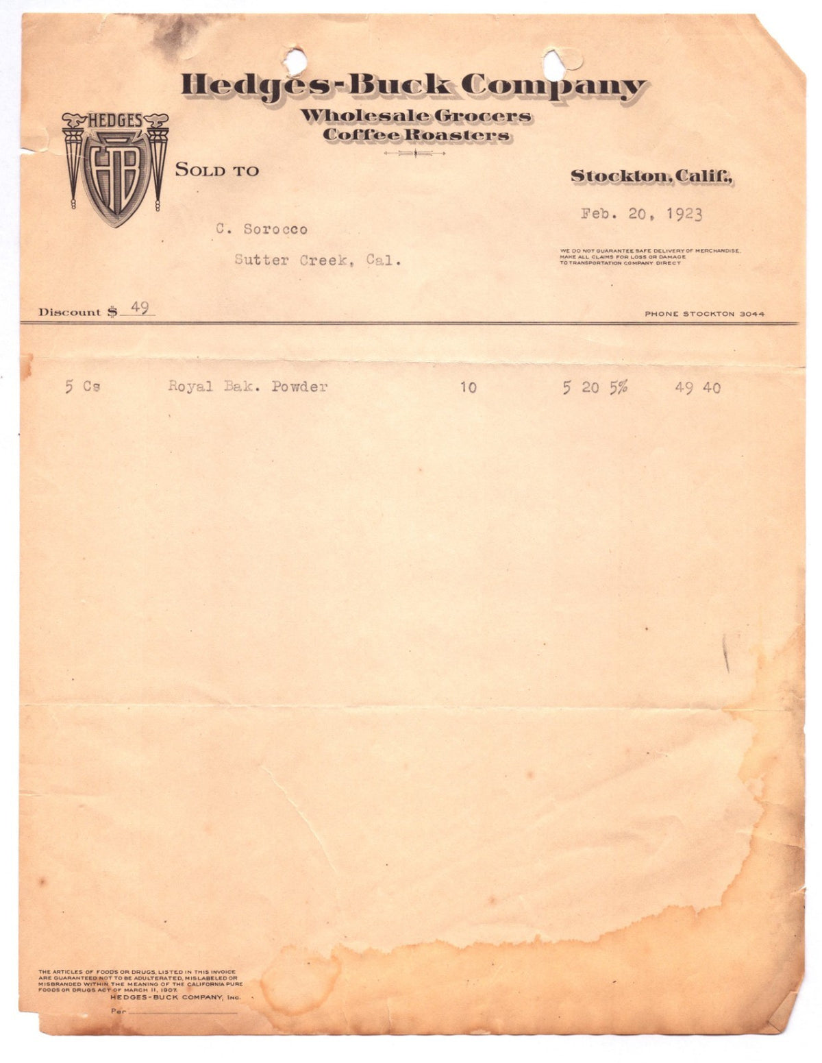 Stockton California Hedges Buck Company 1923 billhead wholesale grocers coffee roasters document