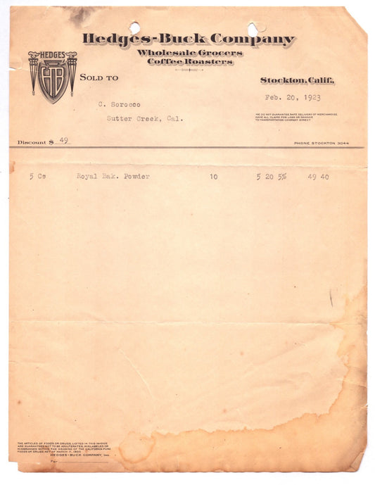 Stockton California Hedges Buck Company 1923 billhead wholesale grocers coffee roasters document